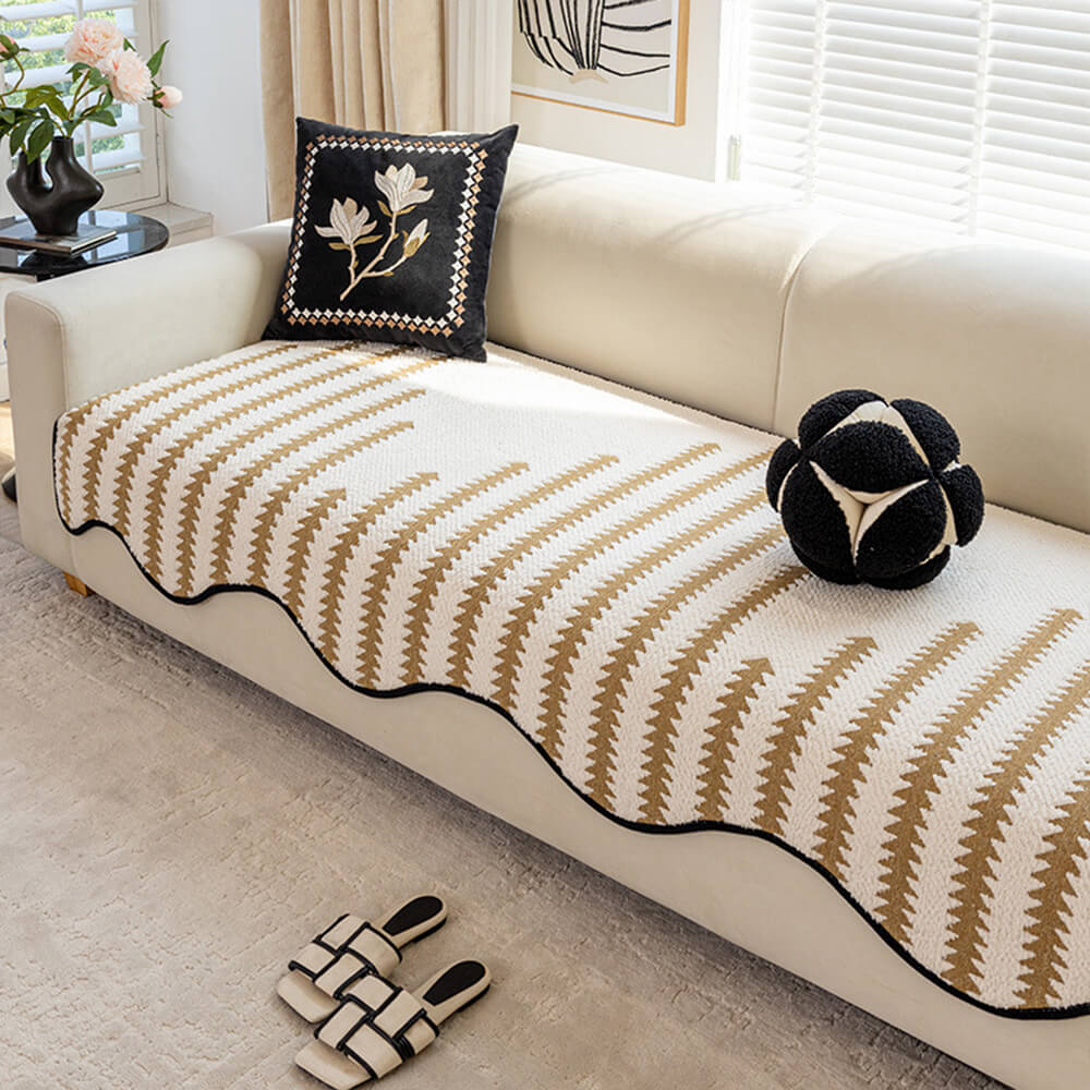 Chenille Chevron Couch Cover with Wavy Edges