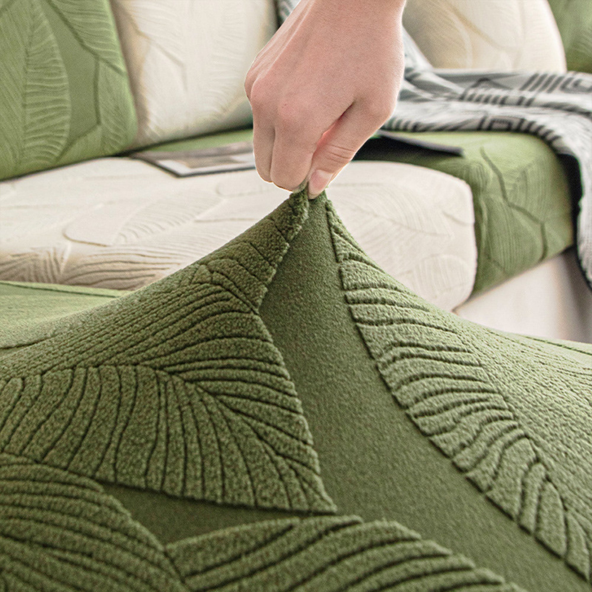 Velvet Leaf Stretch Sofa Cover with Waterproof Full Wrap Design