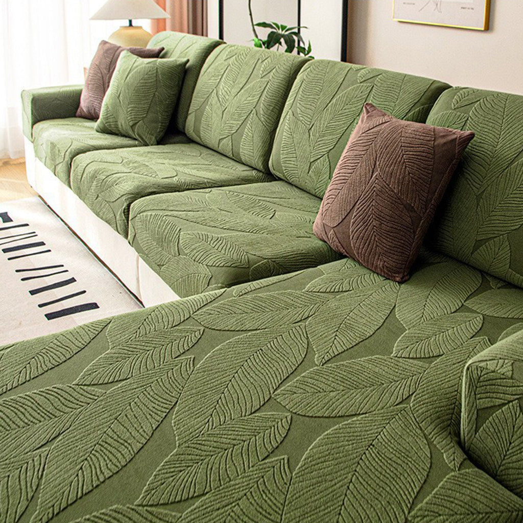 Velvet Leaf Stretch Sofa Cover with Waterproof Full Wrap Design