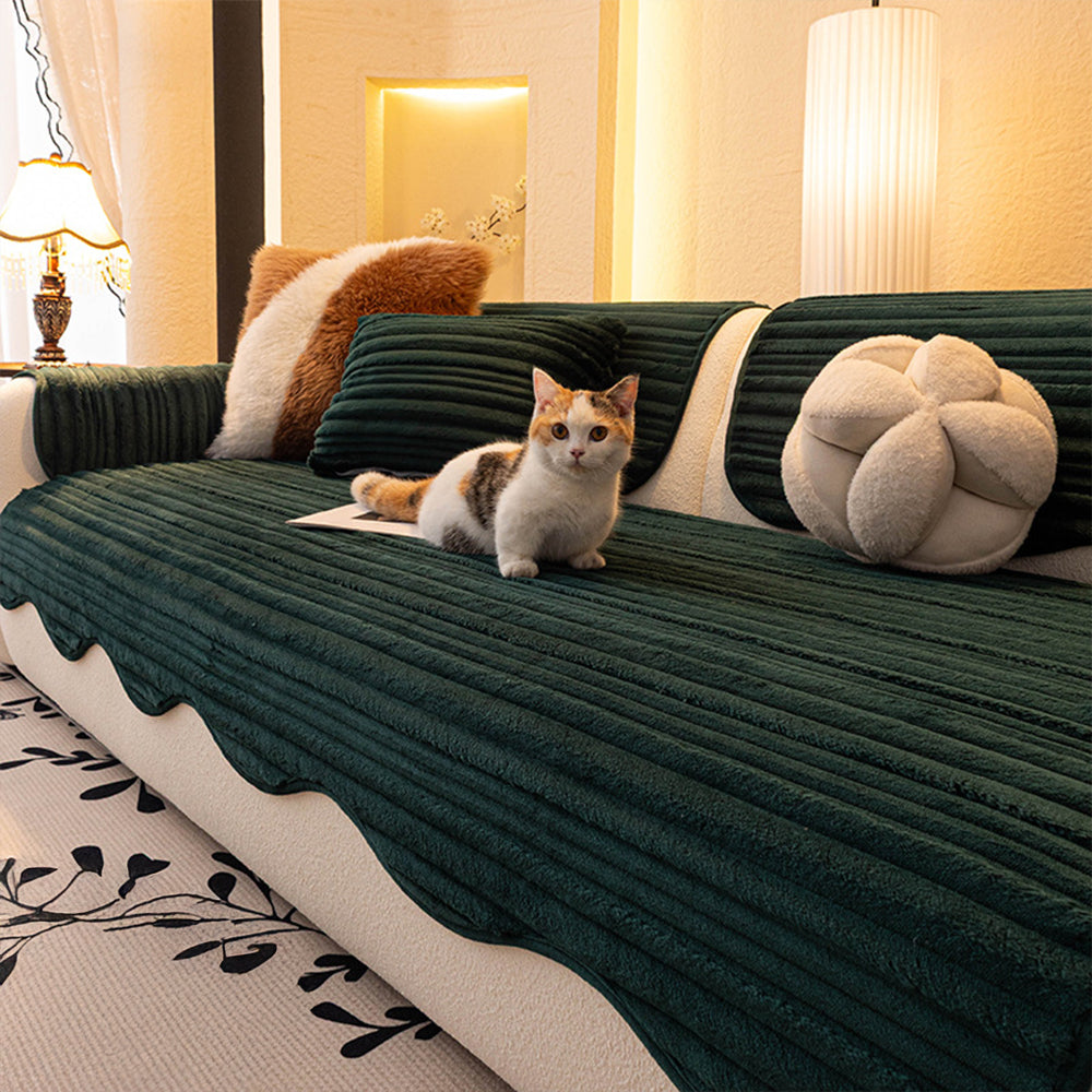 Creamy Ribbed Plush Non Slip Couch Cover for Winter Comfort