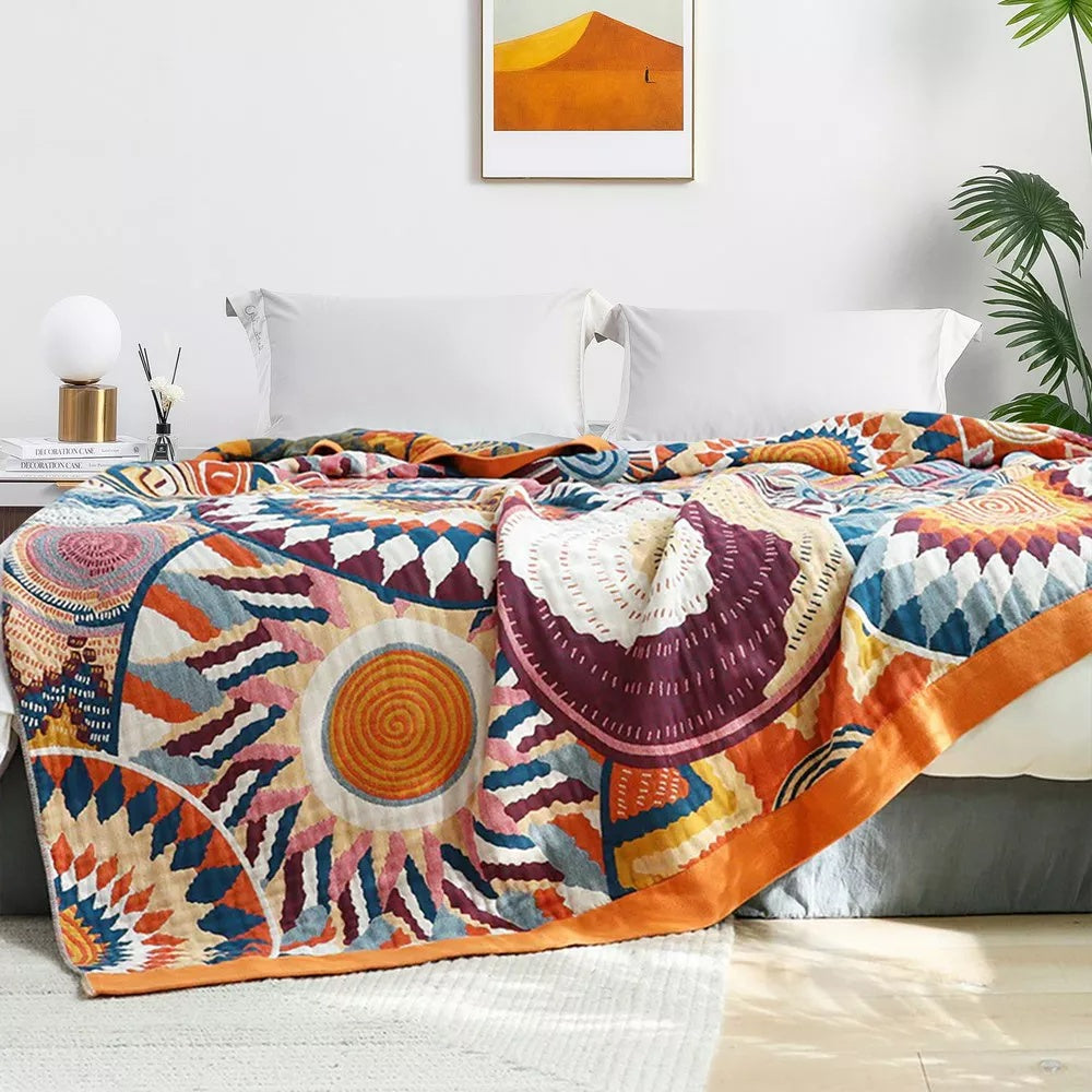 Cotton Sunburst Throw Blanket for Sofa Bed or Travel Use