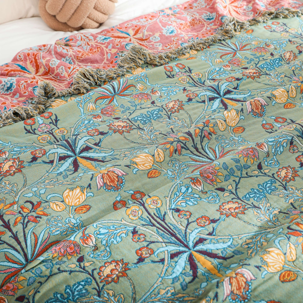 Reversible Cotton Floral Throw Blanket for Bed or Sofa