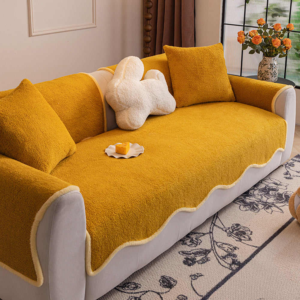 Teddy Fleece Non Slip Couch Cover with Curved Edges