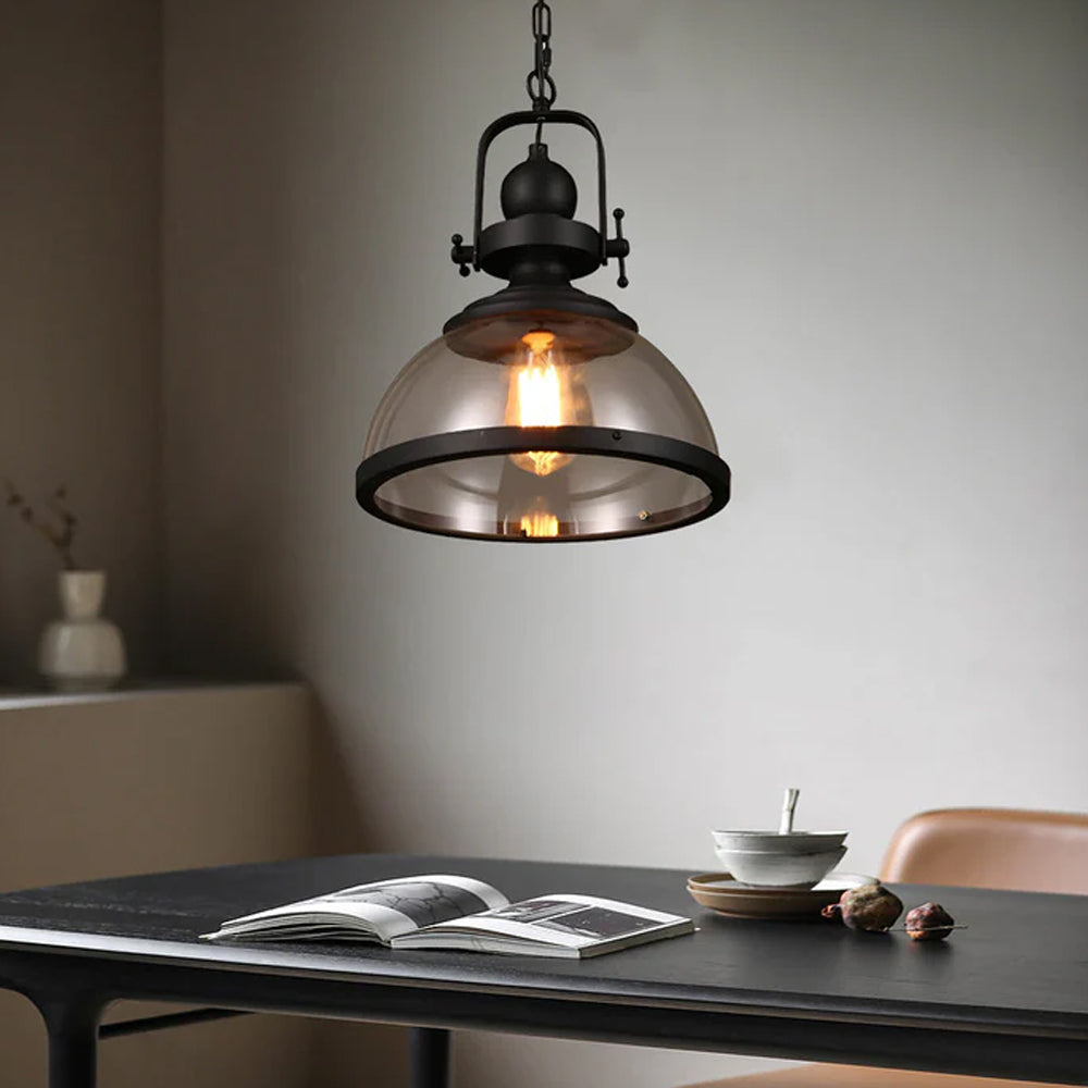 Industrial Glass Pendant Light, Vintage Dome, Iron, Adjustable, Kitchen Island