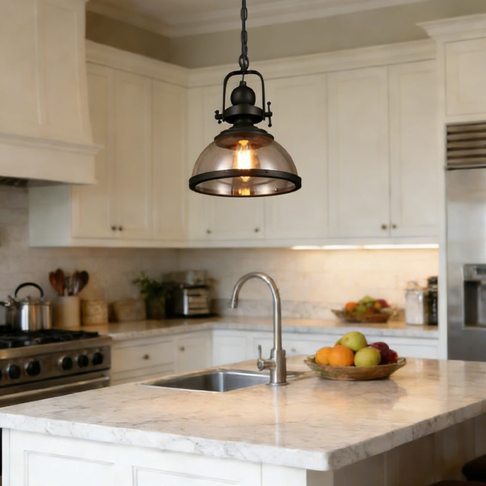 Industrial Glass Pendant Light with Adjustable Height | Vintage Dome for Cozy Kitchen Island Ambience