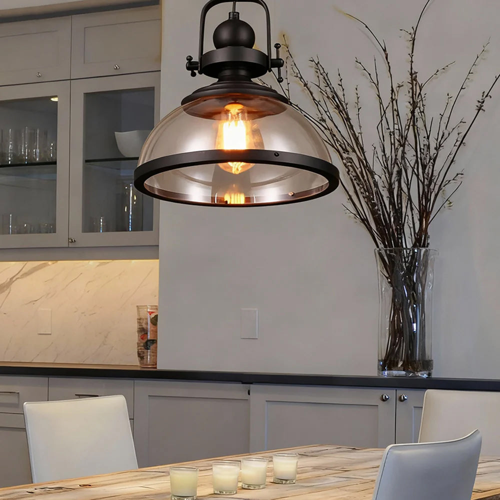 Industrial Glass Pendant Light with Adjustable Height | Vintage Dome for Cozy Kitchen Island Ambience
