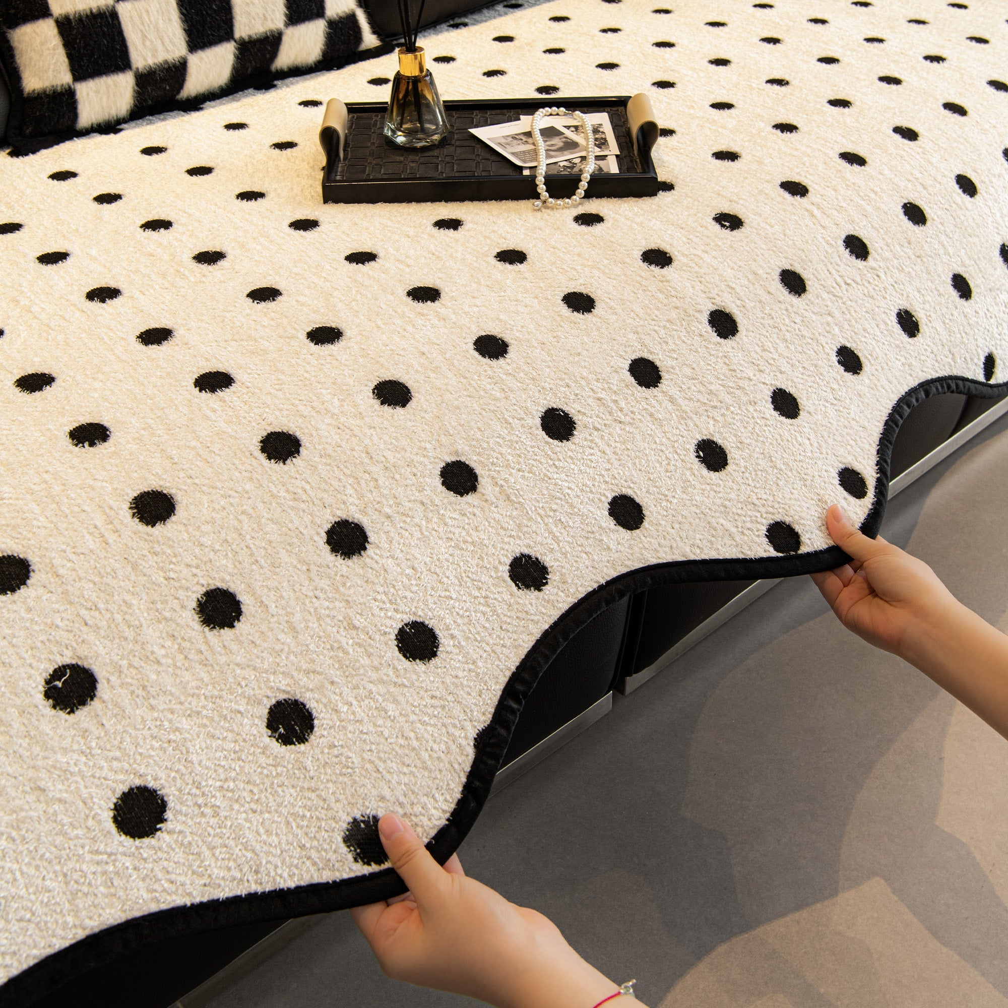 Plush Cream Polka Dot Non Slip Couch Cover for Daily Living