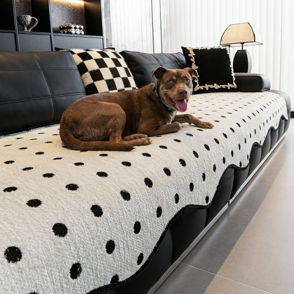 Plush Cream Polka Dot Non Slip Couch Cover for Daily Living