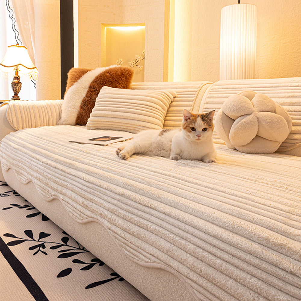 Creamy Ribbed Plush Non Slip Couch Cover for Winter Comfort