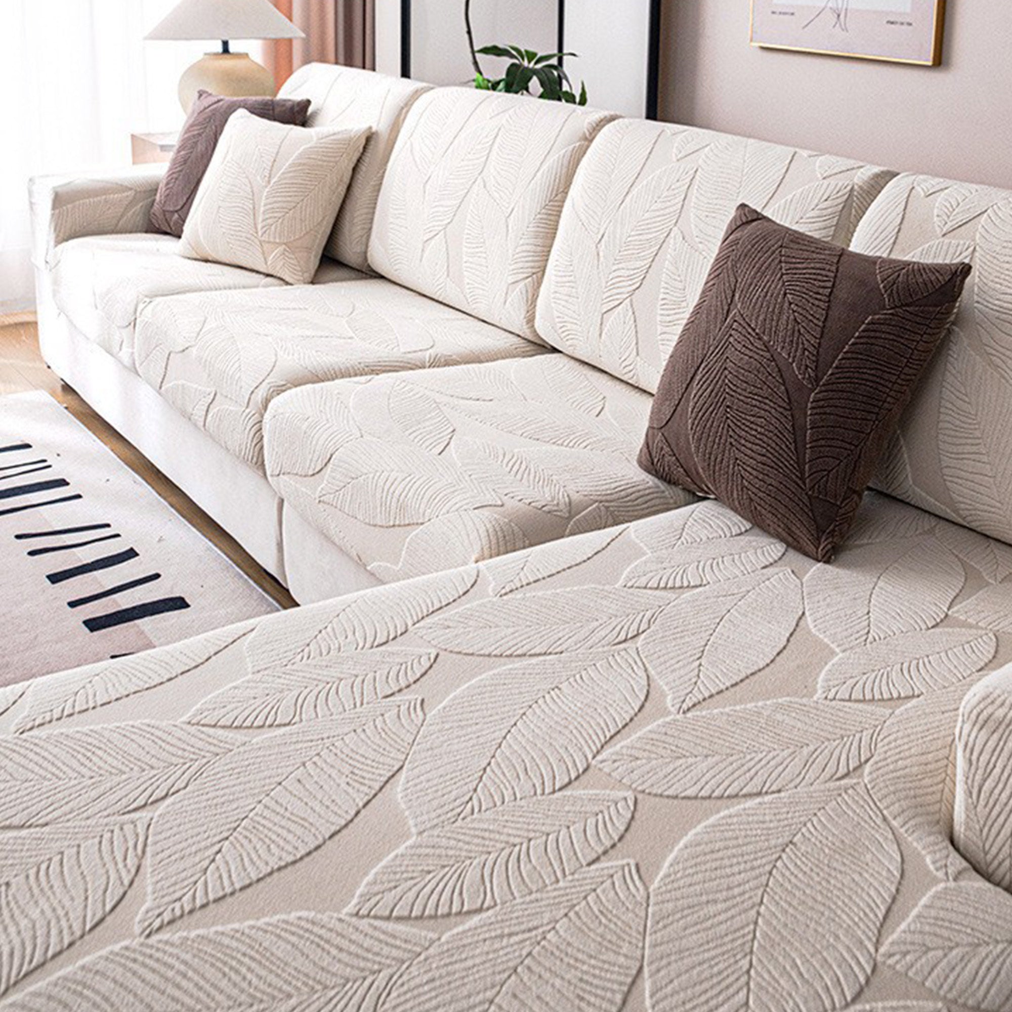 Velvet Leaf Stretch Sofa Cover with Waterproof Full Wrap Design