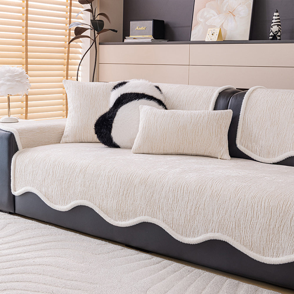 Chenille Couch Cover with White Trim and Non Slip Backing