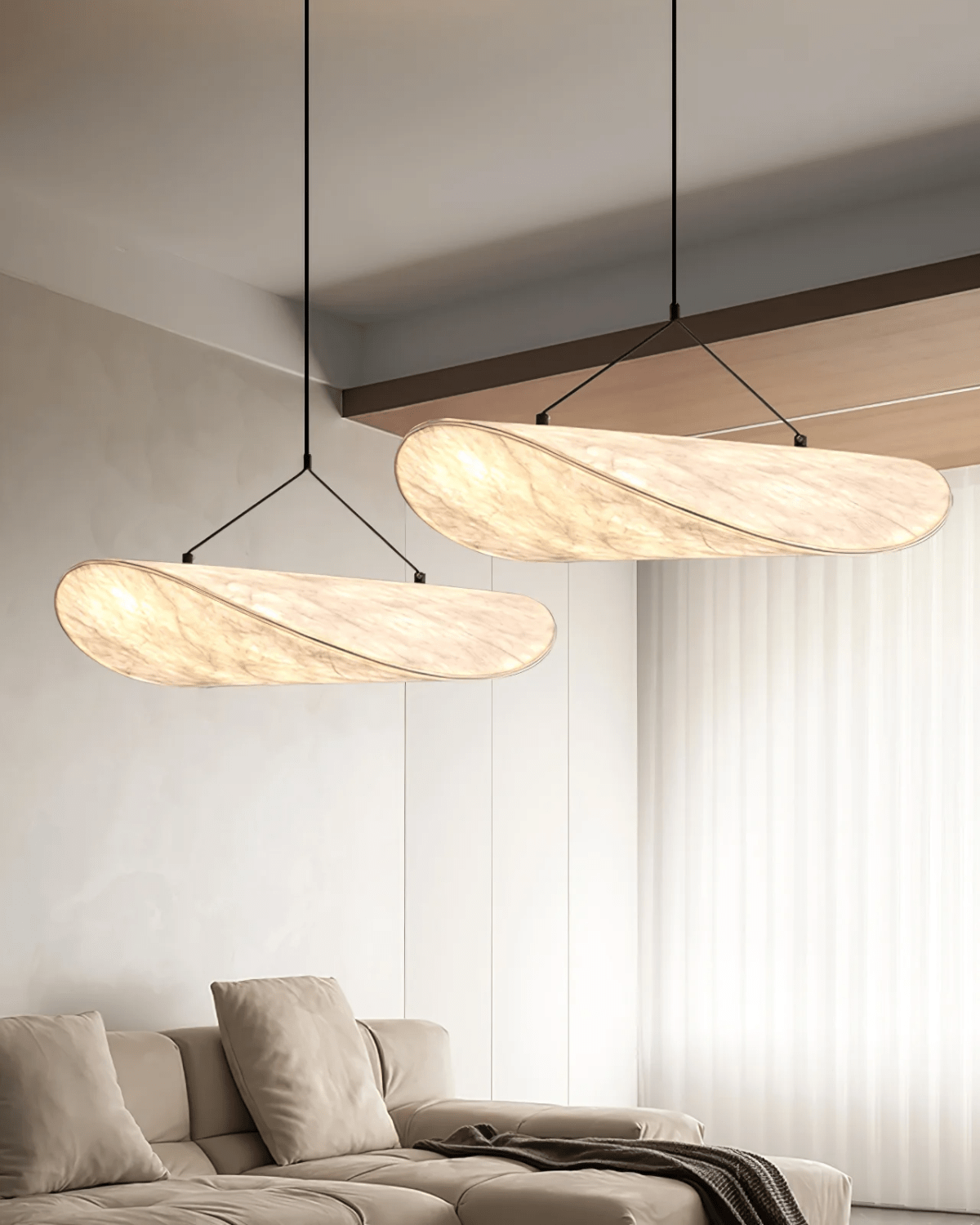 Japandi Silk Pendant Light, Modern Drum Ceiling Lamp, Warm LED, Living Room