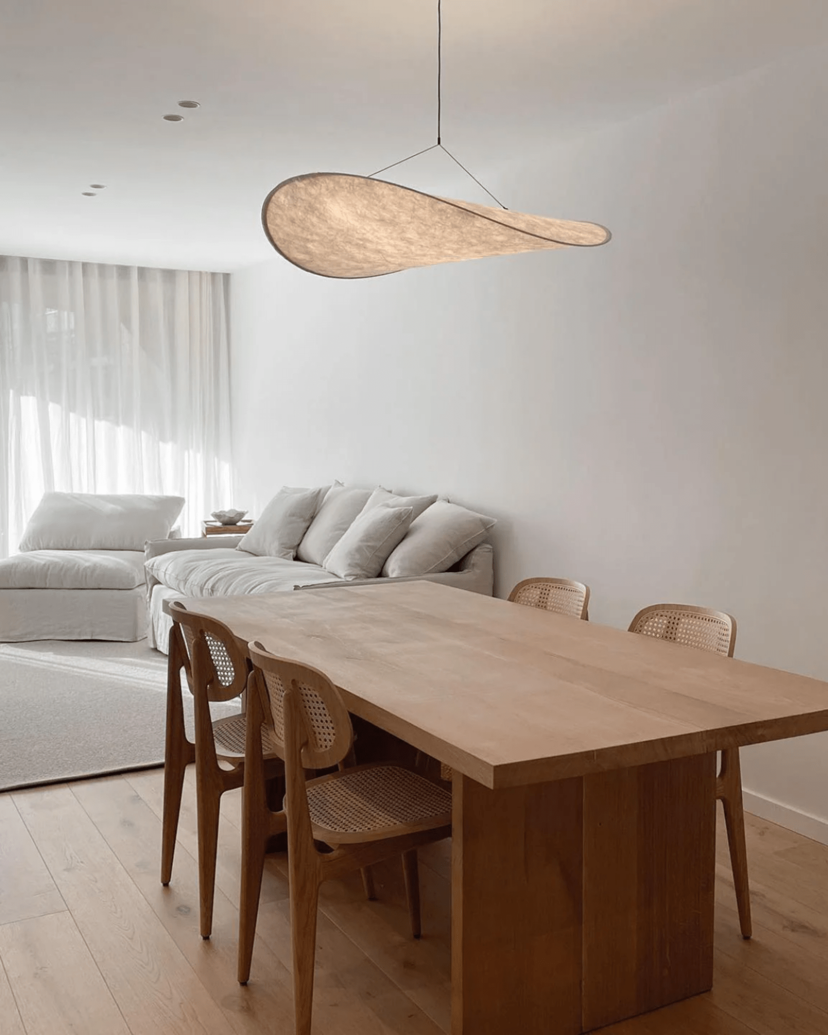 Japandi Silk Pendant Light, Modern Drum Ceiling Lamp, Warm LED, Living Room