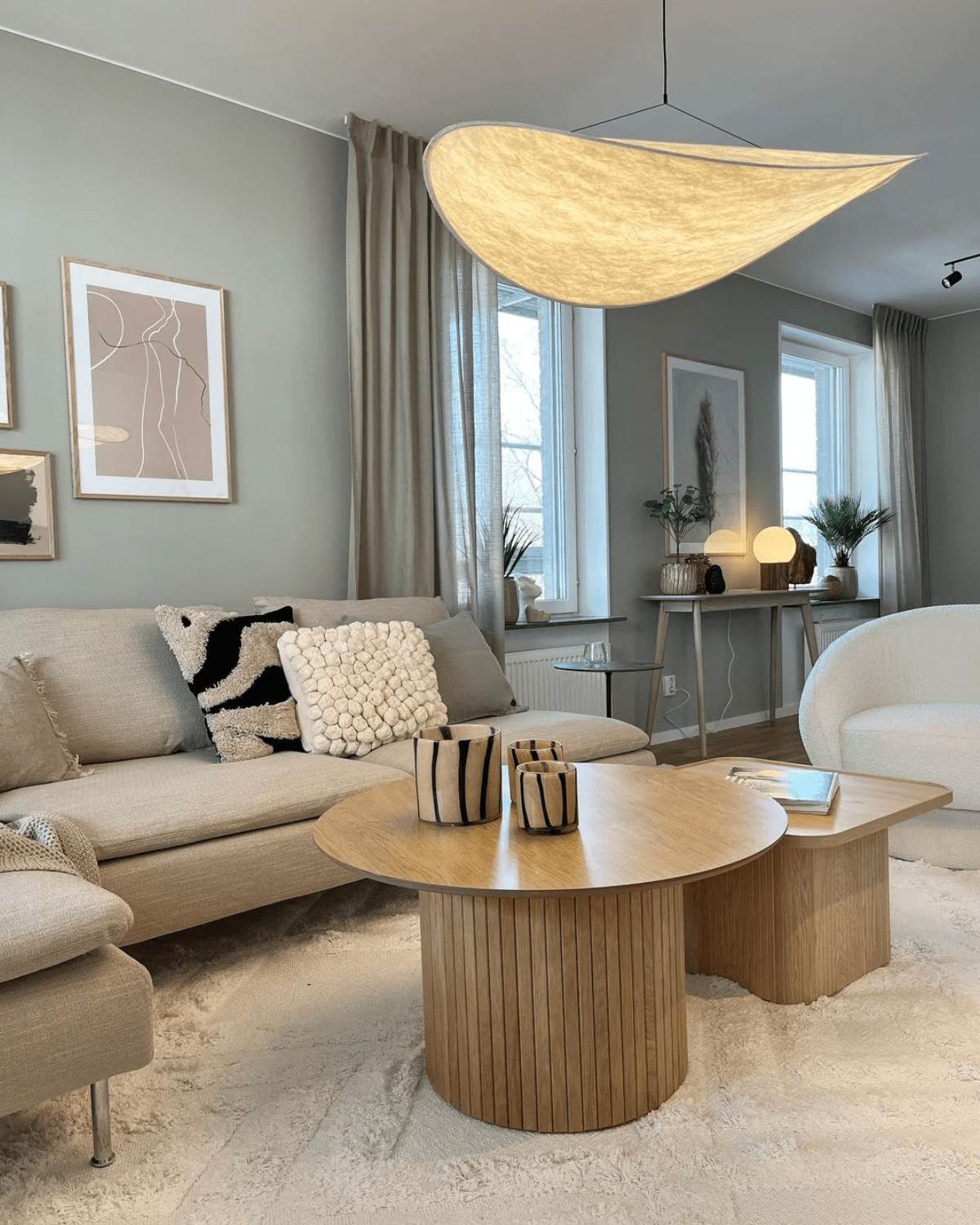 Japandi Silk Pendant Light, Modern Drum Ceiling Lamp, Warm LED, Living Room