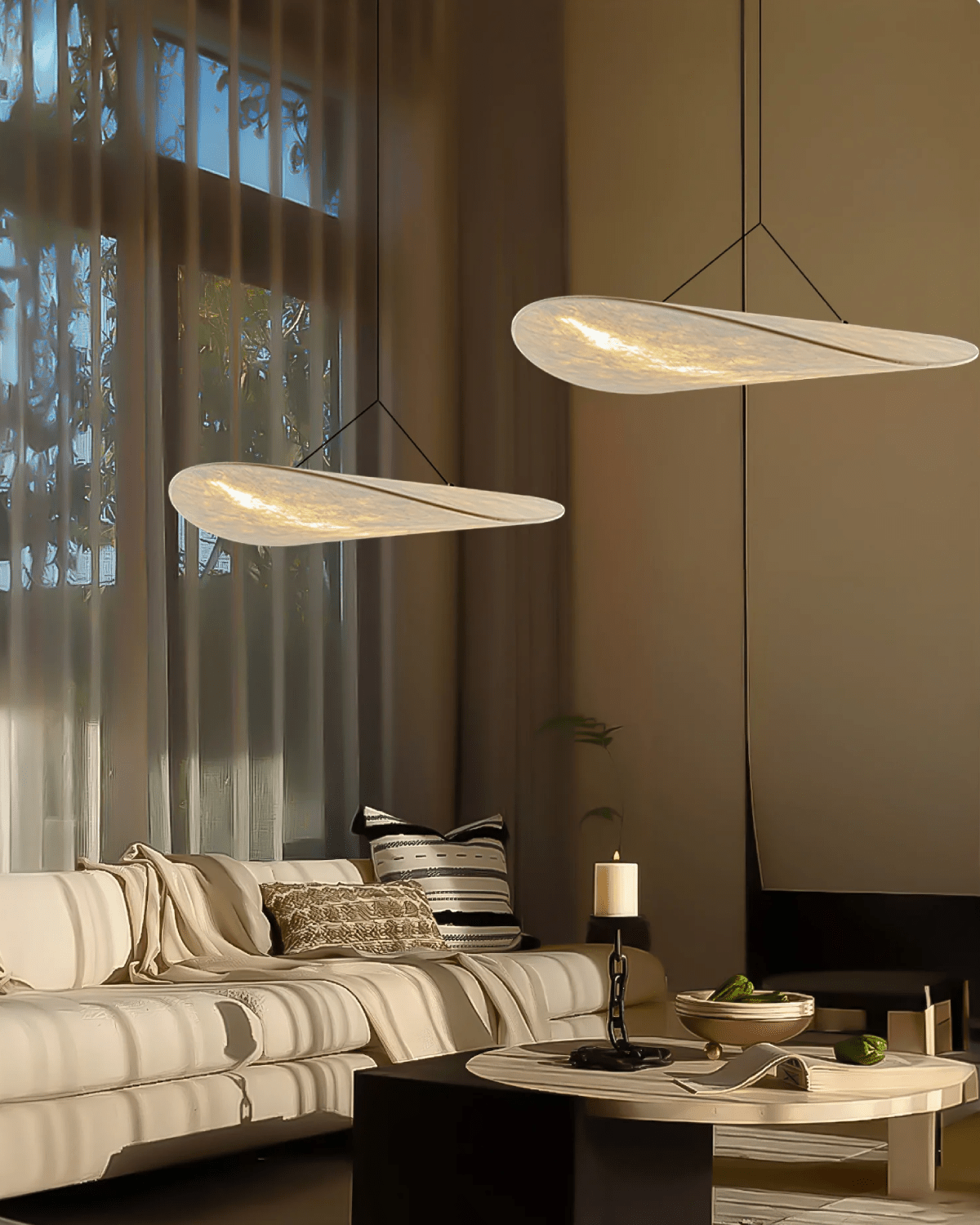 Japandi Silk Pendant Light, Modern Drum Ceiling Lamp, Warm LED, Living Room