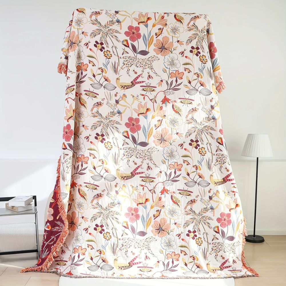 Reversible Cotton Botanical Throw Blanket for Sofa or Bed
