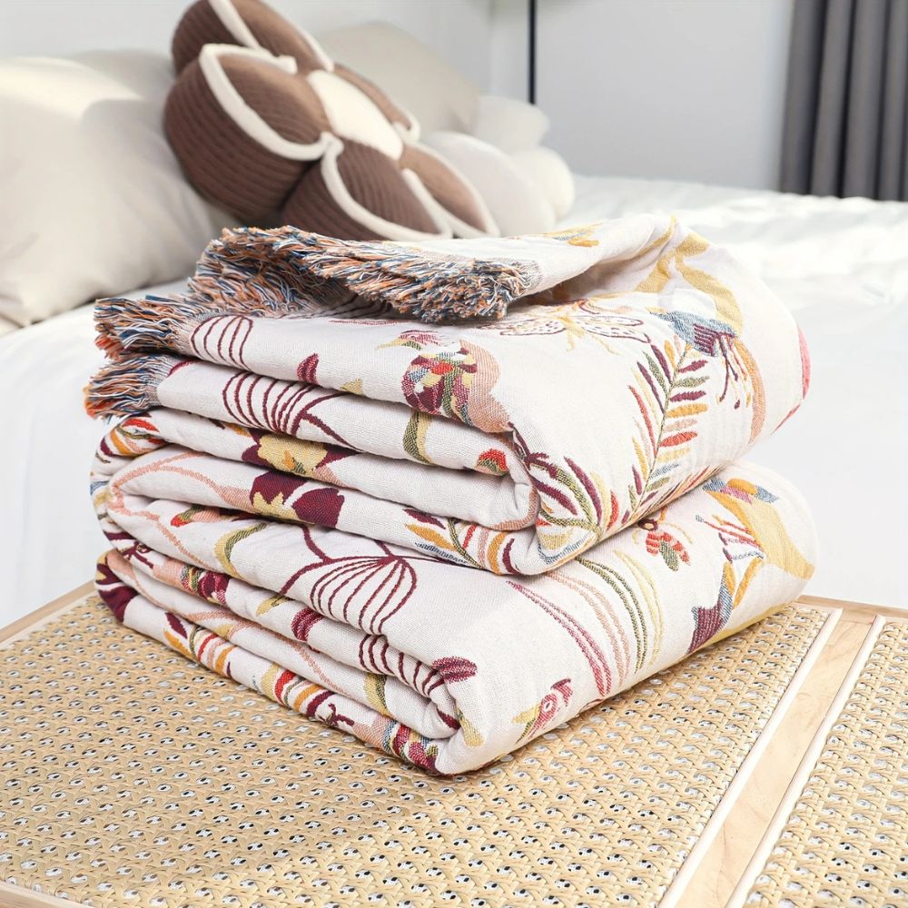 Reversible Cotton Botanical Throw Blanket for Sofa or Bed