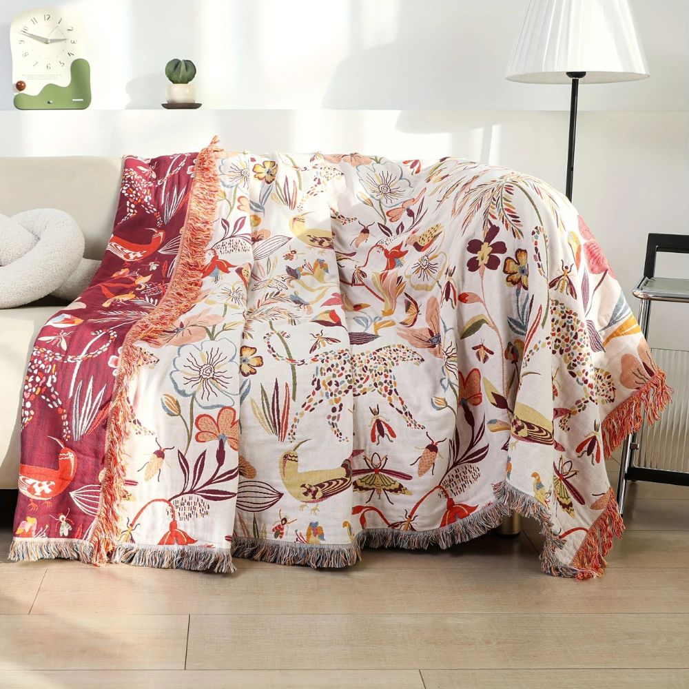 Reversible Cotton Botanical Throw Blanket for Sofa or Bed