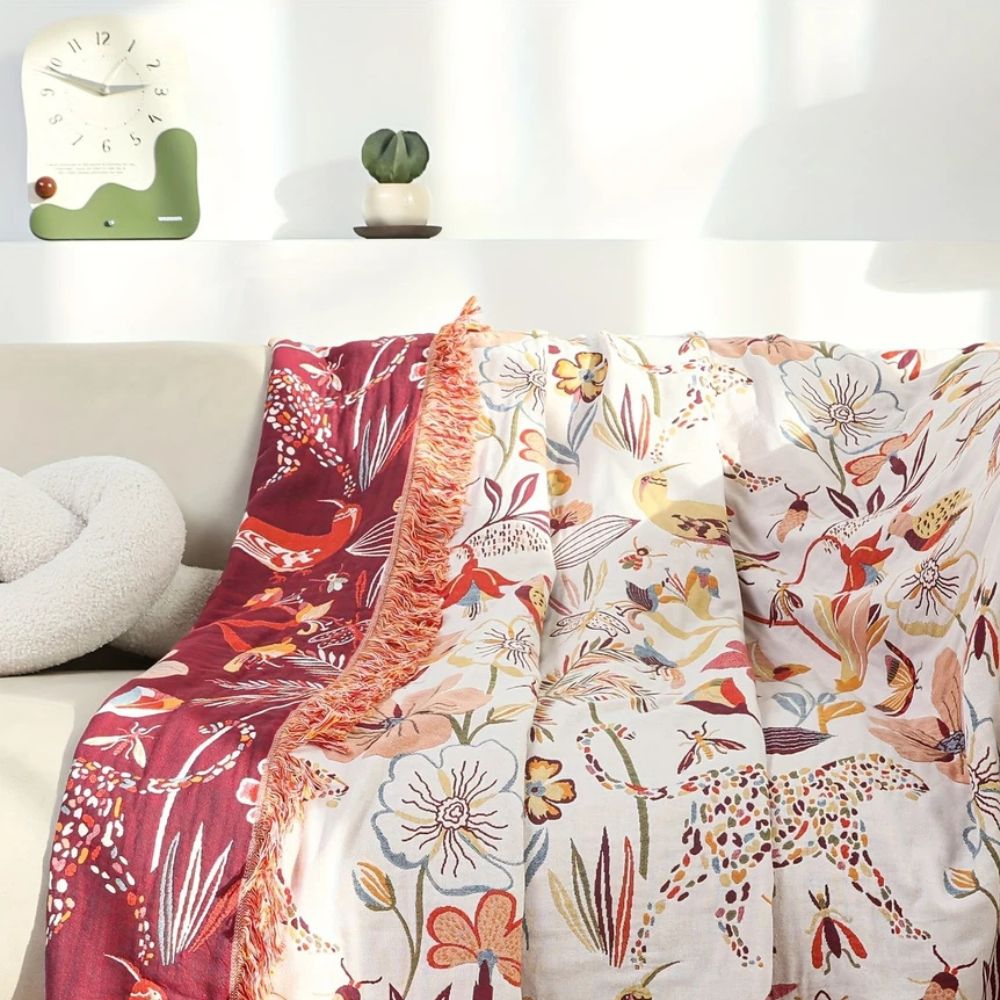 Reversible Cotton Botanical Throw Blanket for Sofa or Bed