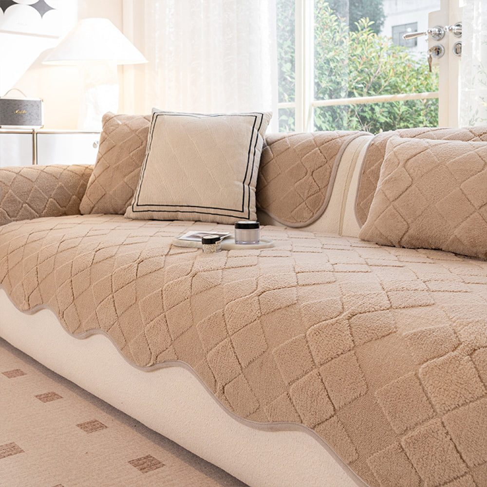 Cream Fleece Non Slip Couch Cover for Winter Comfort