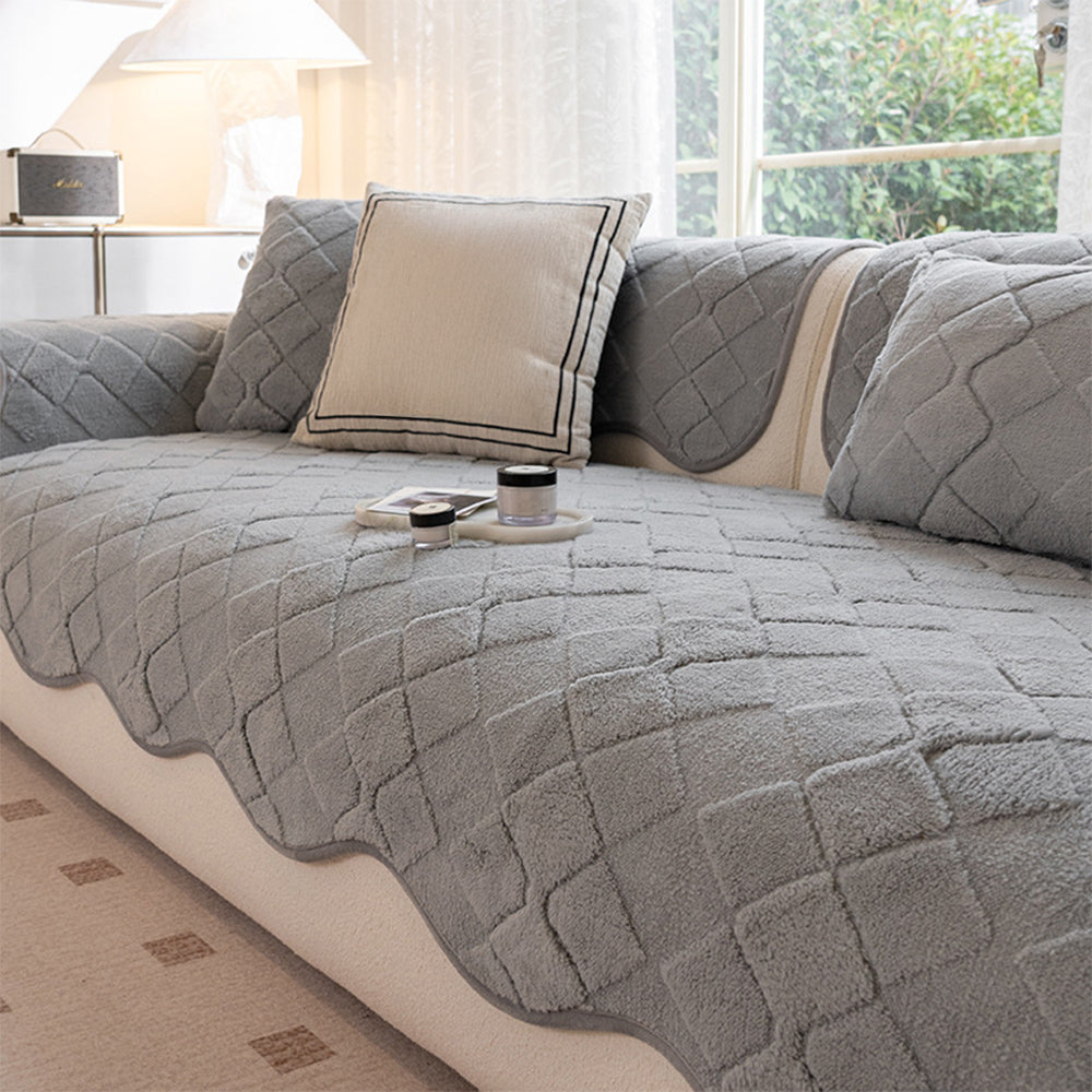 Cream Fleece Non Slip Couch Cover for Winter Comfort
