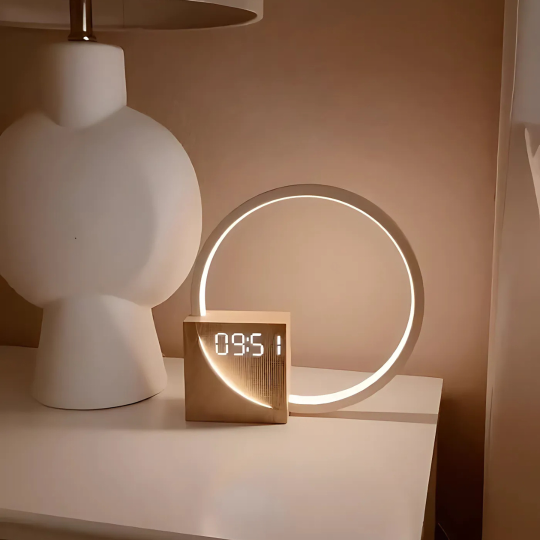 Lumora Halo | Bedside Table Lamp with Alarm Clock & USB Charging | Adjustable Brightness for Gentle Wake-Up