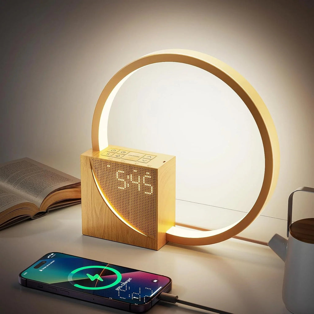 Lumora Halo | Bedside Table Lamp with Alarm Clock & USB Charging | Adjustable Brightness for Gentle Wake-Up