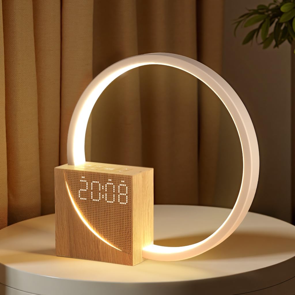Lumora Halo | Bedside Table Lamp with Alarm Clock & USB Charging | Adjustable Brightness for Gentle Wake-Up