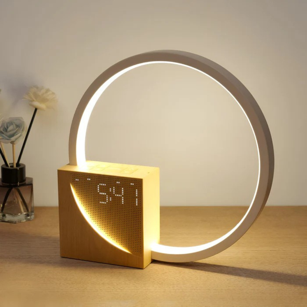 Lumora Halo | Bedside Table Lamp with Alarm Clock & USB Charging | Adjustable Brightness for Gentle Wake-Up