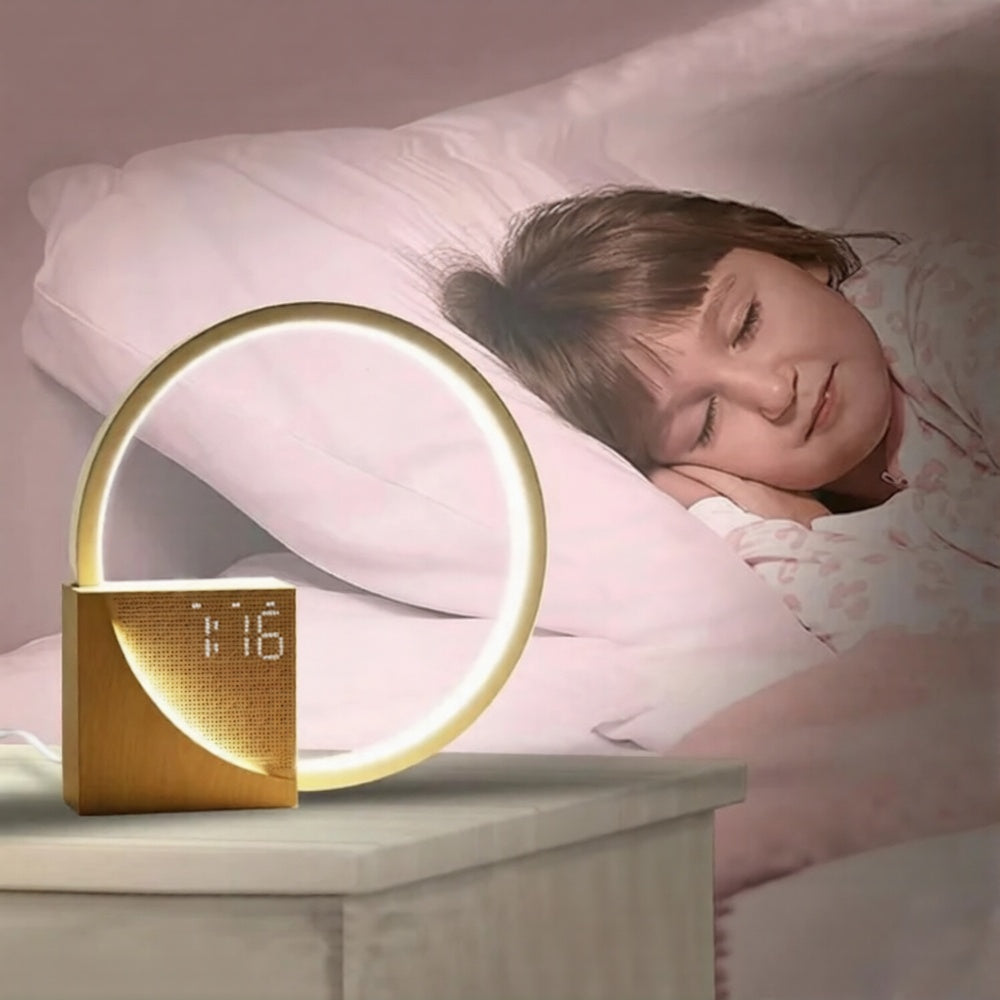 Lumora Halo | Bedside Table Lamp with Alarm Clock & USB Charging | Adjustable Brightness for Gentle Wake-Up