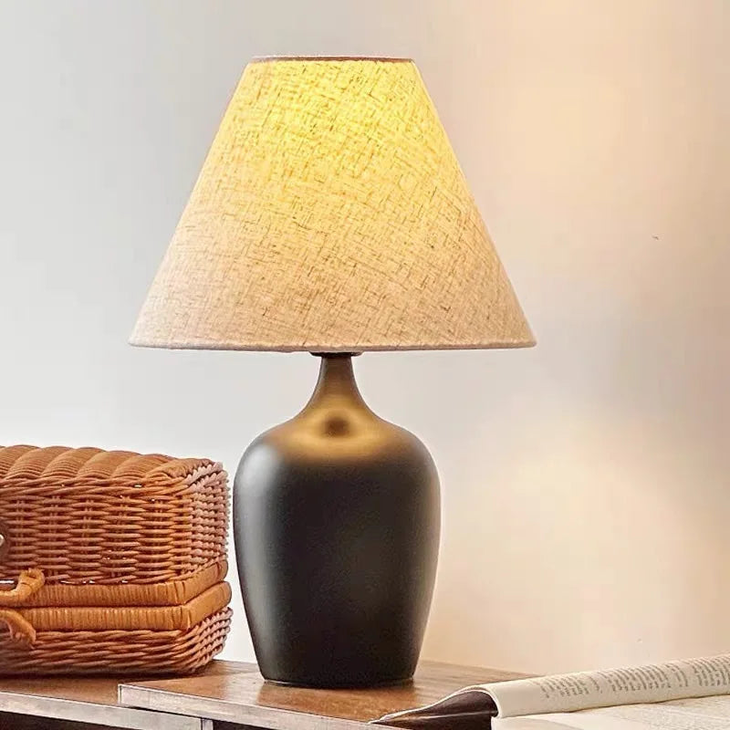 Vase Table Lamp, Linen Shade, Meiping Design, Matte Black, Dimmable Bedside