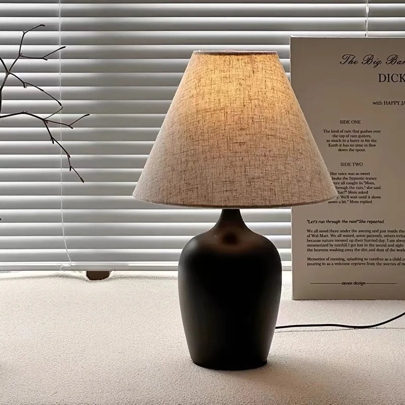 Vase Table Lamp, Linen Shade, Meiping Design, Matte Black, Dimmable Bedside