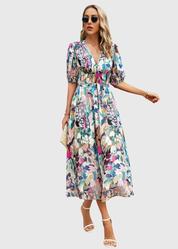 Merlin Collection | Women's Floral Midi Dress with Smocked Waist Design | Elegant Summer Dress for Wedding Guests