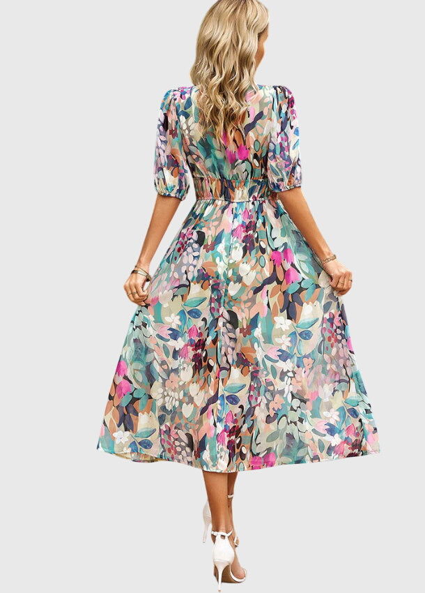 Merlin Collection | Women's Floral Midi Dress with Smocked Waist Design | Elegant Summer Dress for Wedding Guests