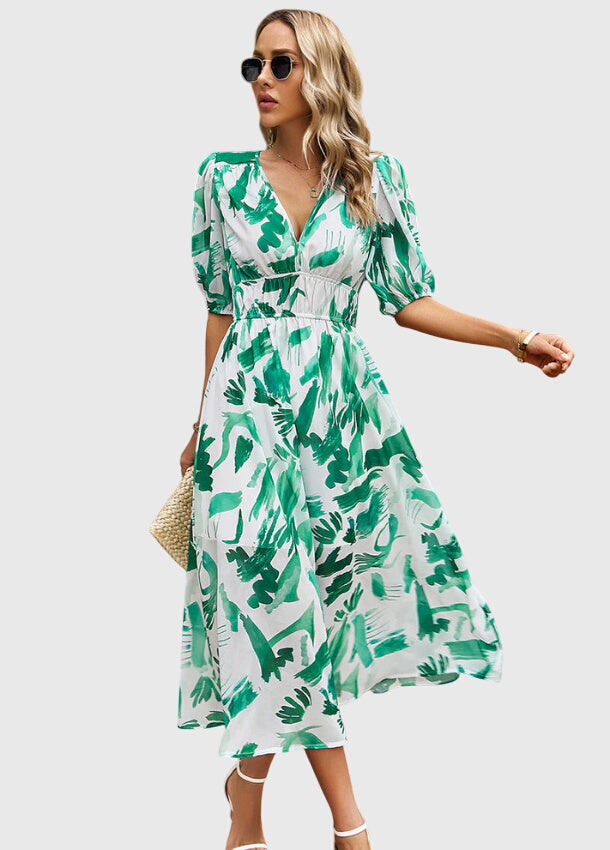 Merlin Collection | Women's Floral Midi Dress with Smocked Waist Design | Elegant Summer Dress for Wedding Guests