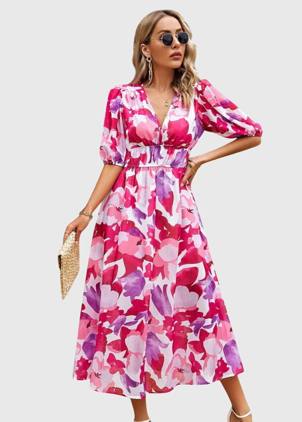 Merlin Collection | Women's Floral Midi Dress with Smocked Waist Design | Elegant Summer Dress for Wedding Guests