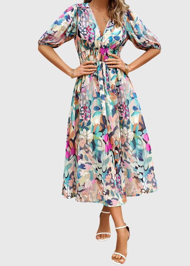 Merlin Collection | Women's Floral Midi Dress with Smocked Waist Design | Elegant Summer Dress for Wedding Guests