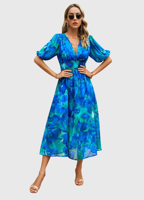 Merlin Collection | Women's Floral Midi Dress with Smocked Waist Design | Elegant Summer Dress for Wedding Guests
