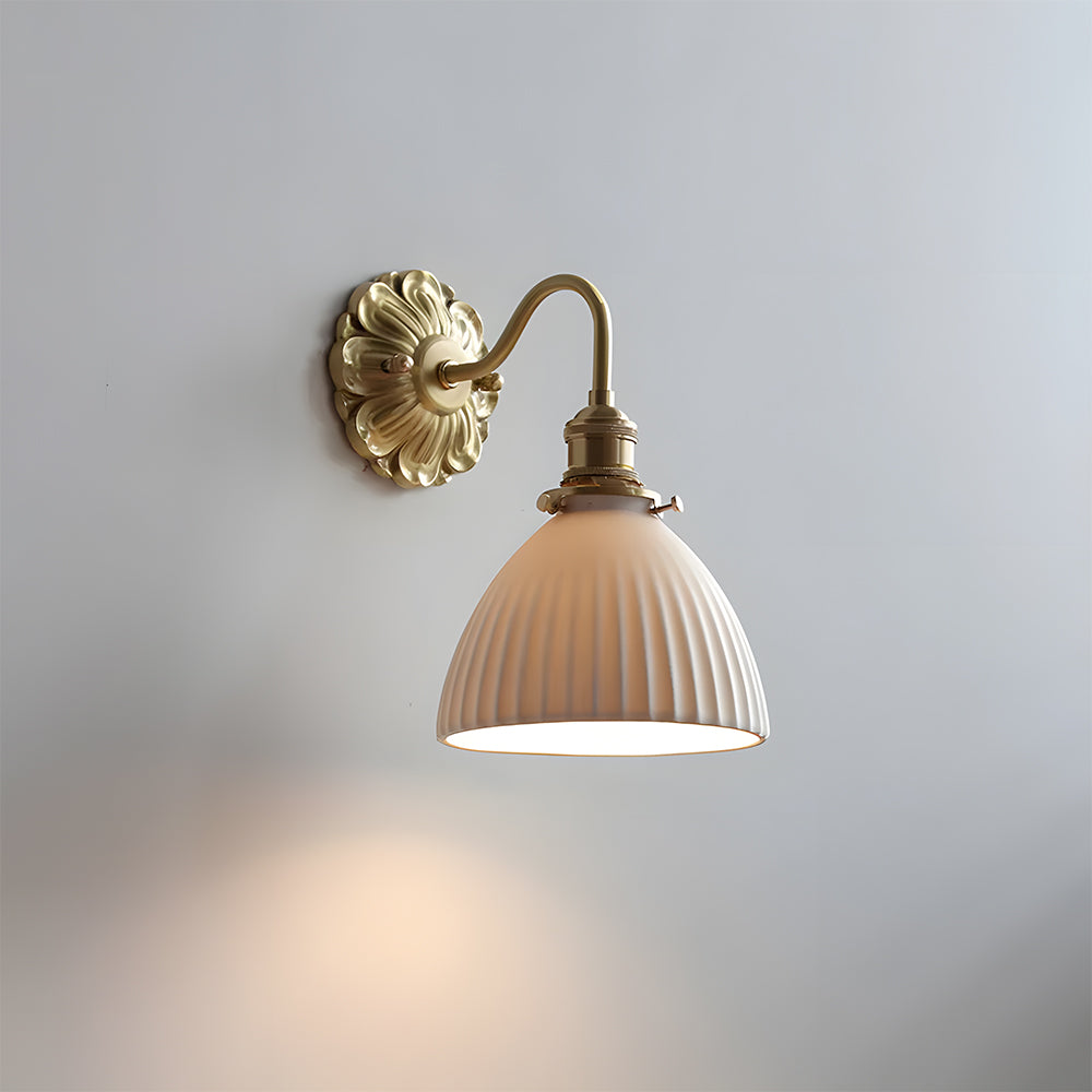 Mid-Century Wall Sconce, Brass Ceramic, Ribbed Shade, French Country