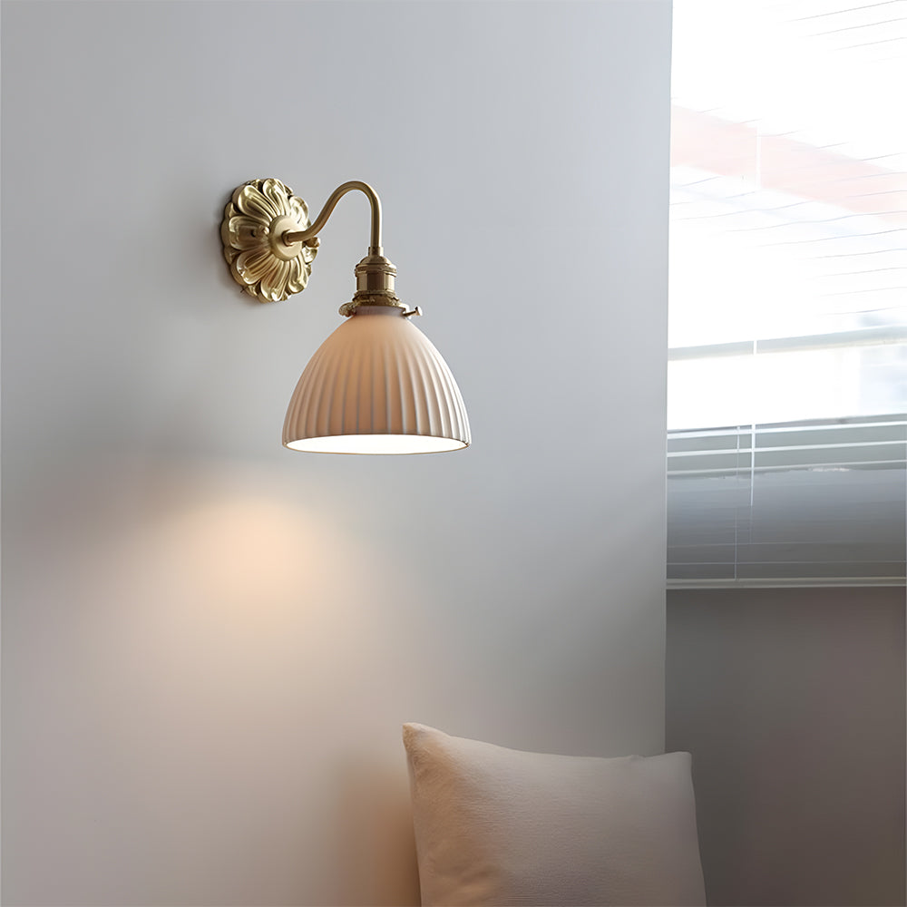 Mid-Century Wall Sconce, Brass Ceramic, Ribbed Shade, French Country