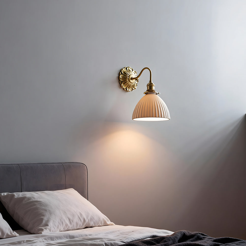 Mid-Century Wall Sconce Lighting with Ribbed Shade | Cozy Brass and Ceramic Design for Inviting Ambiance