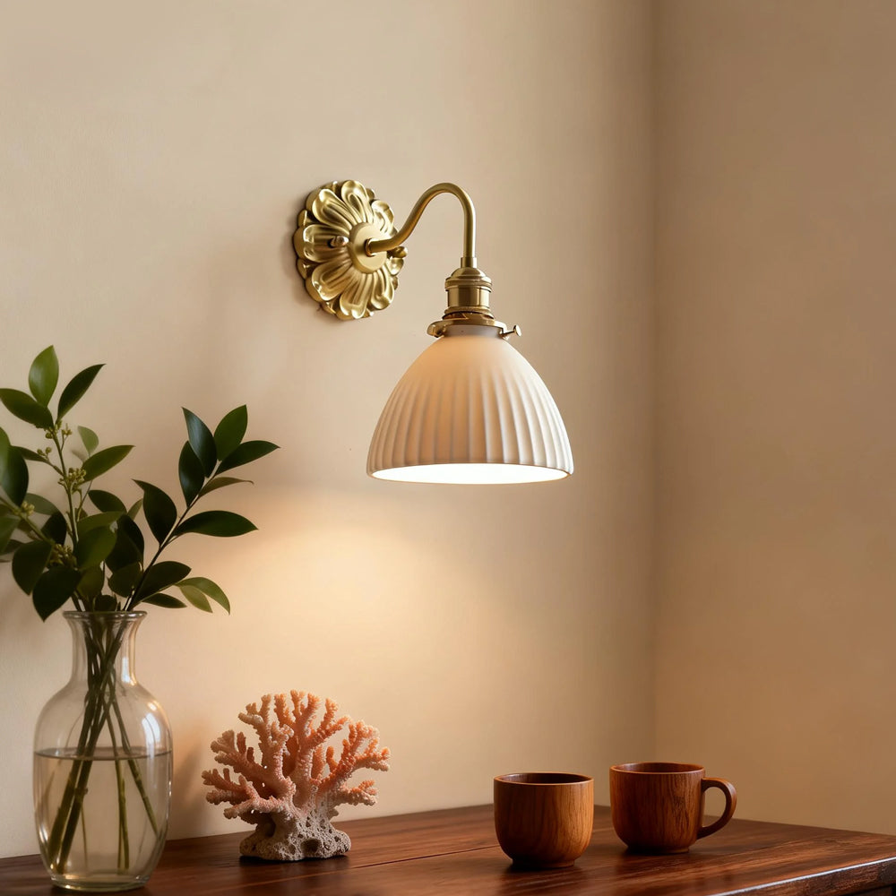 Mid-Century Wall Sconce, Brass Ceramic, Ribbed Shade, French Country