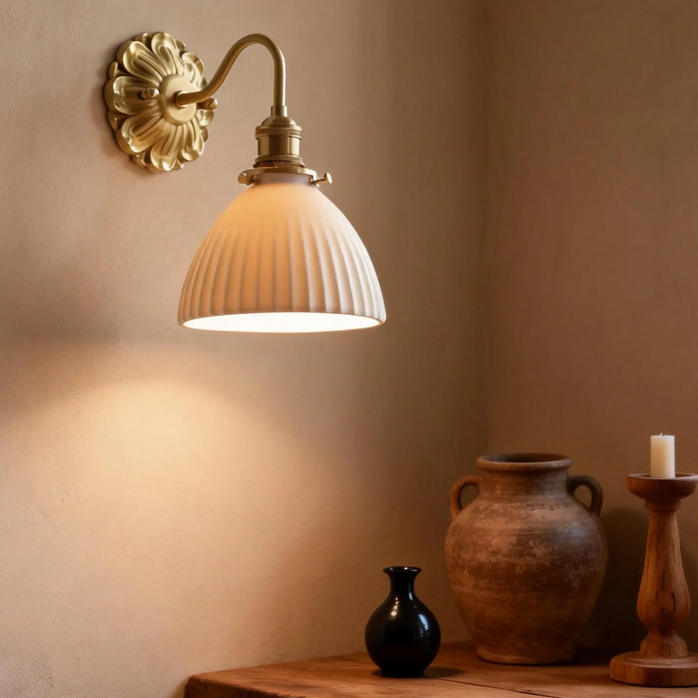 Mid-Century Wall Sconce, Brass Ceramic, Ribbed Shade, French Country