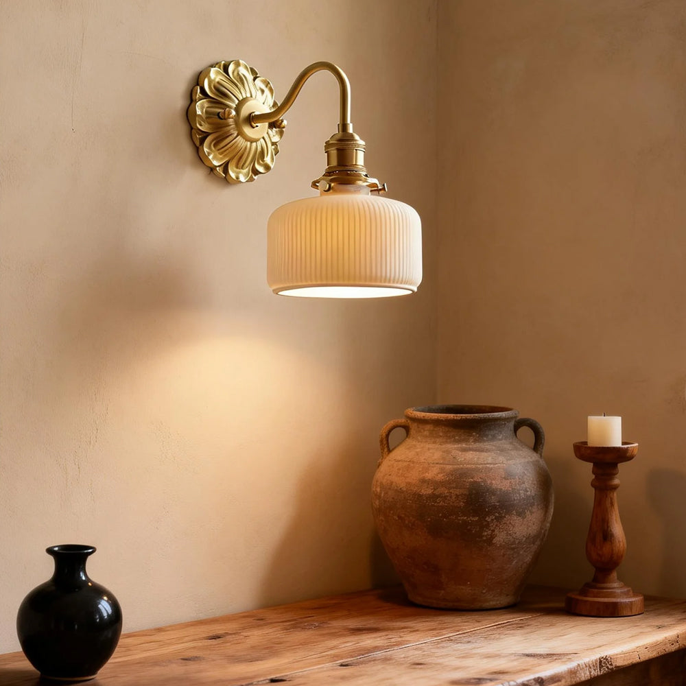 Mid-Century Wall Sconce, Brass Ceramic, Ribbed Shade, French Country