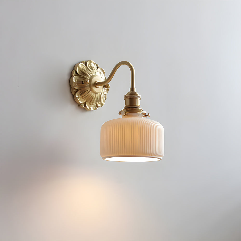 Mid-Century Wall Sconce Lighting with Ribbed Shade | Cozy Brass and Ceramic Design for Inviting Ambiance