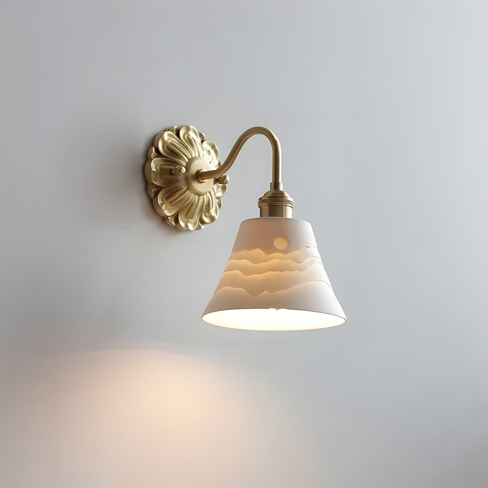 Mid-Century Wall Sconce, Brass Ceramic, Ribbed Shade, French Country