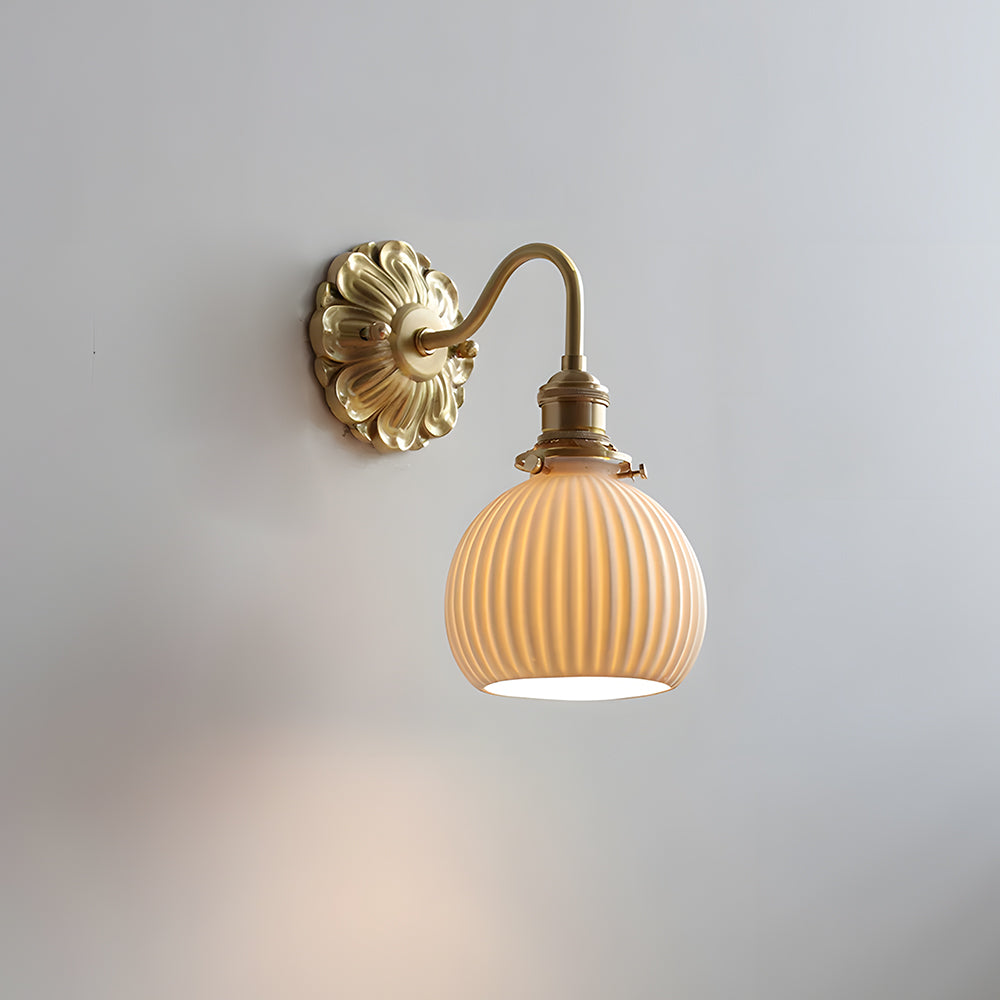 Mid-Century Wall Sconce, Brass Ceramic, Ribbed Shade, French Country