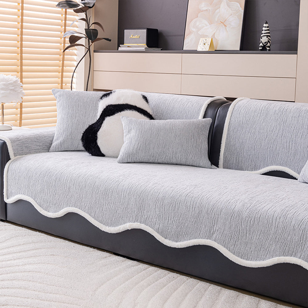 Chenille Couch Cover with White Trim and Non Slip Backing