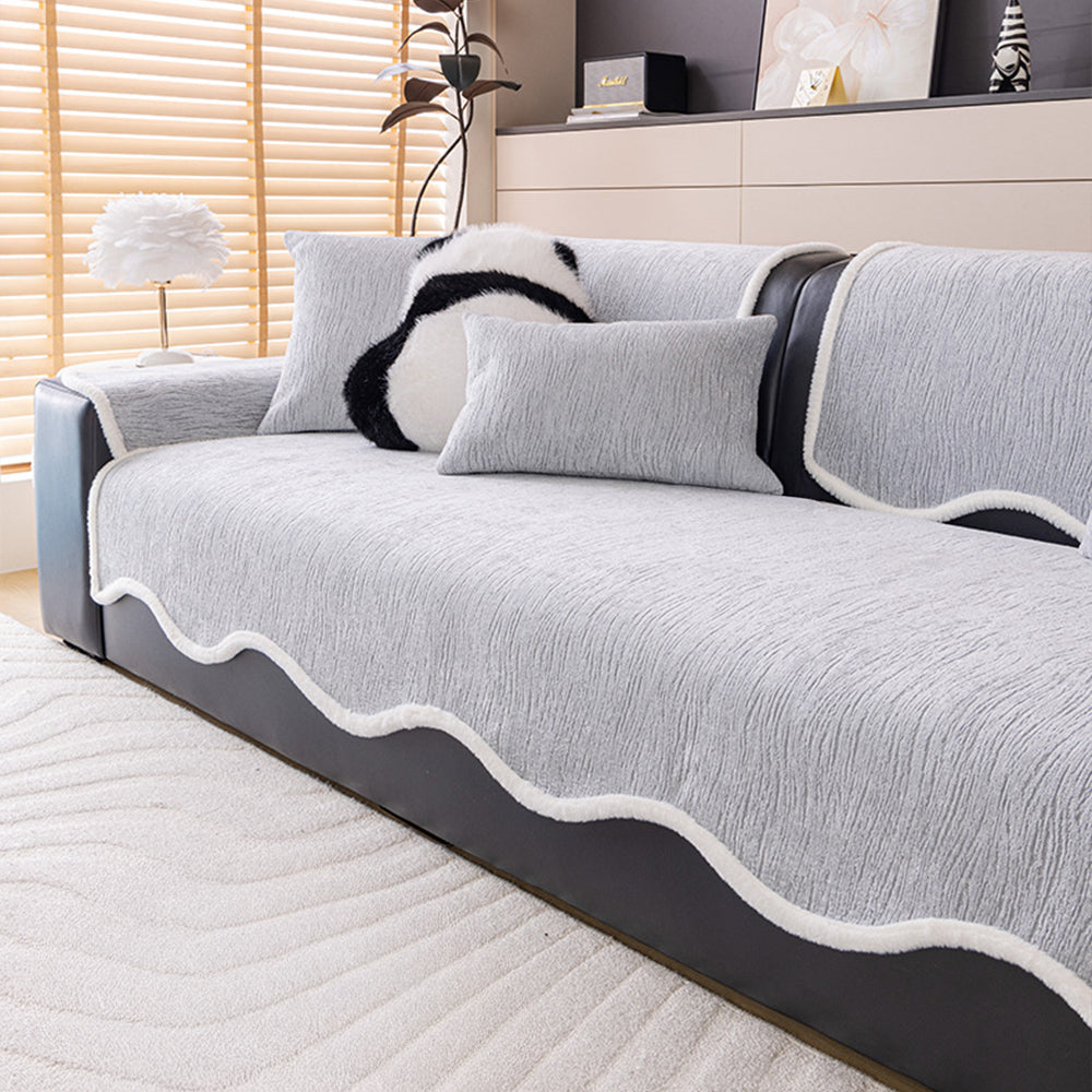 Chenille Couch Cover with White Trim and Non Slip Backing