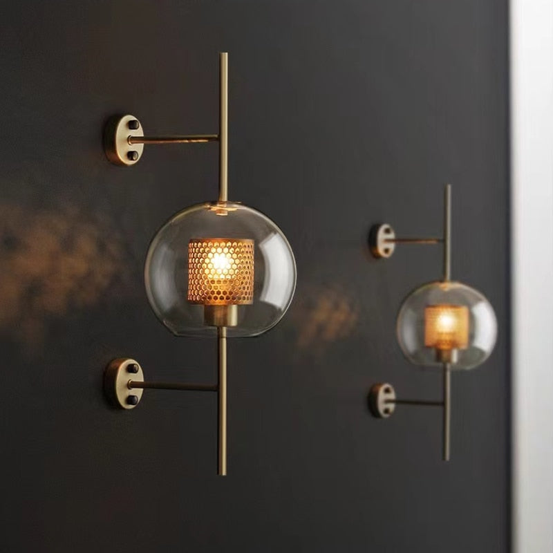 Brass Wall Sconce, Honeycomb Glass Shade, Modern LED, Bedroom Living Room